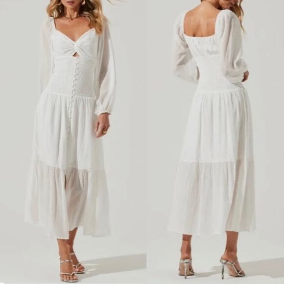 ASTR The Label Long Sleeve Twist Bust Smocked Bodice Dress in White, Size L - Picture 1 of 8